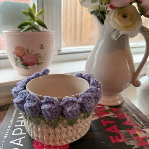 Handmade Crochet Floral Mug Cozy Purple & Green Cottagecore Coffee Cup Sleeve - Picture 2 of 5